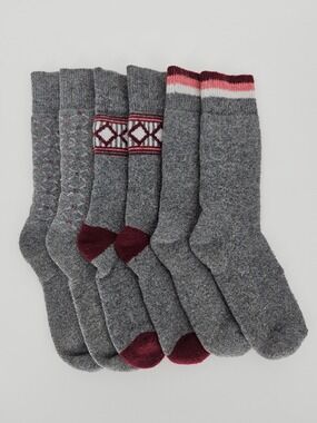 3 Pairs Cozy Plush Cabin Socks Grey Burgundy Crew Socks One Size